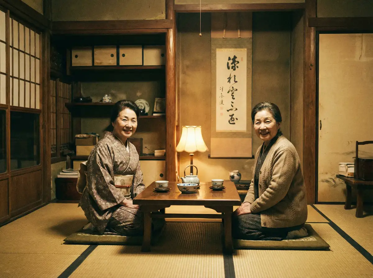 两位优雅的 我的枪好长啊 在日式茶室中品茶交谈